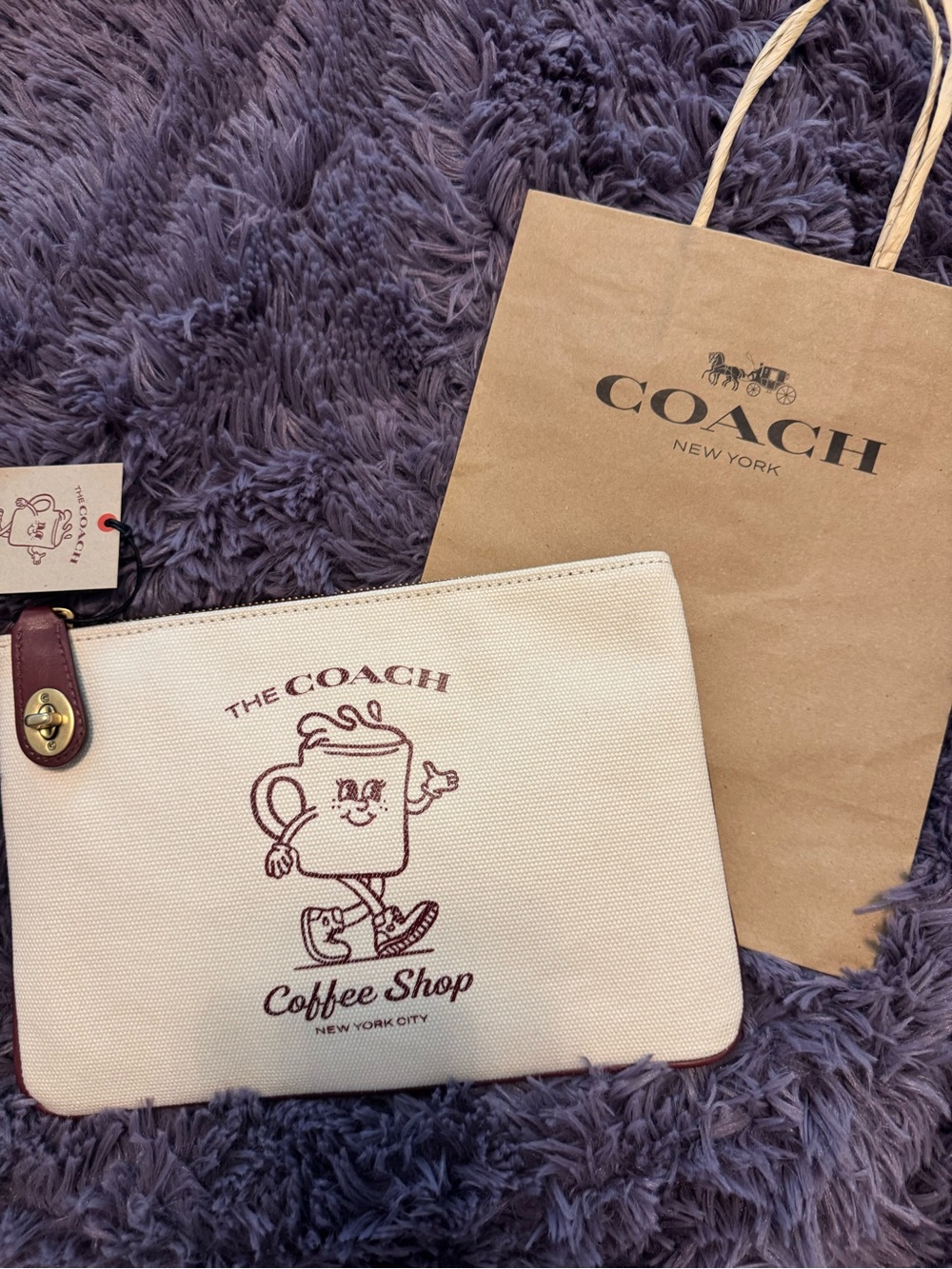 Coach Cream Canvas Coffee Shop Pouch with Burgundy Print with bag